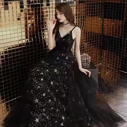Little Black Dress, Starry Prom Dress,spaghetti Strap Evening Dress,custom Made