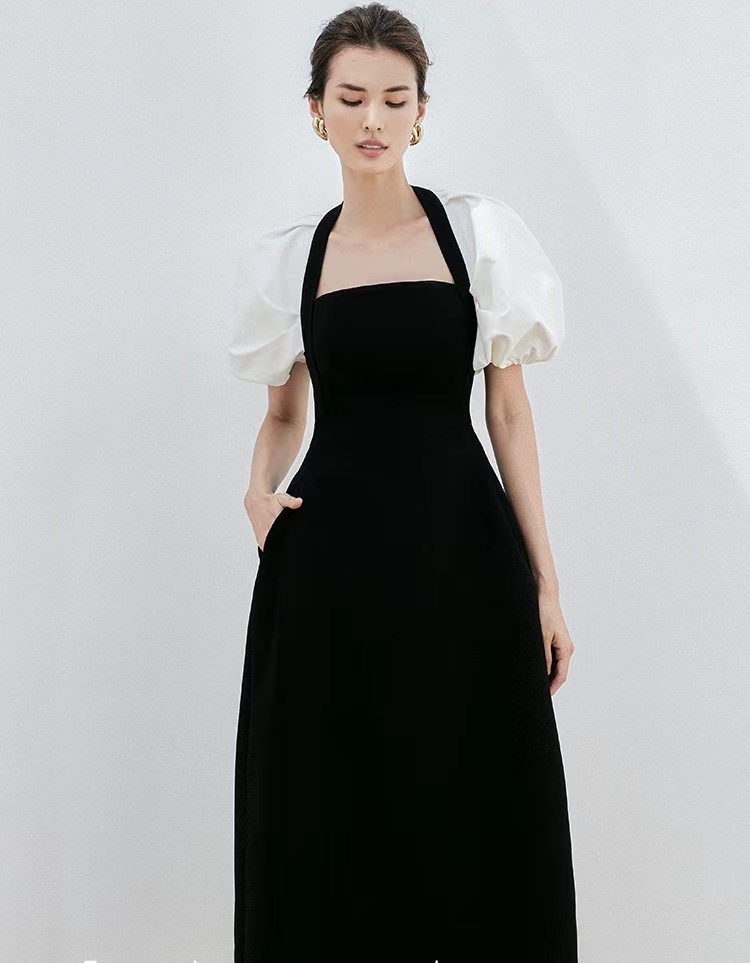 Sexy Little Black Dress, Black And White Matching Color, Texture Dress, Retro Black Mid-length Evening Dress,custom Made