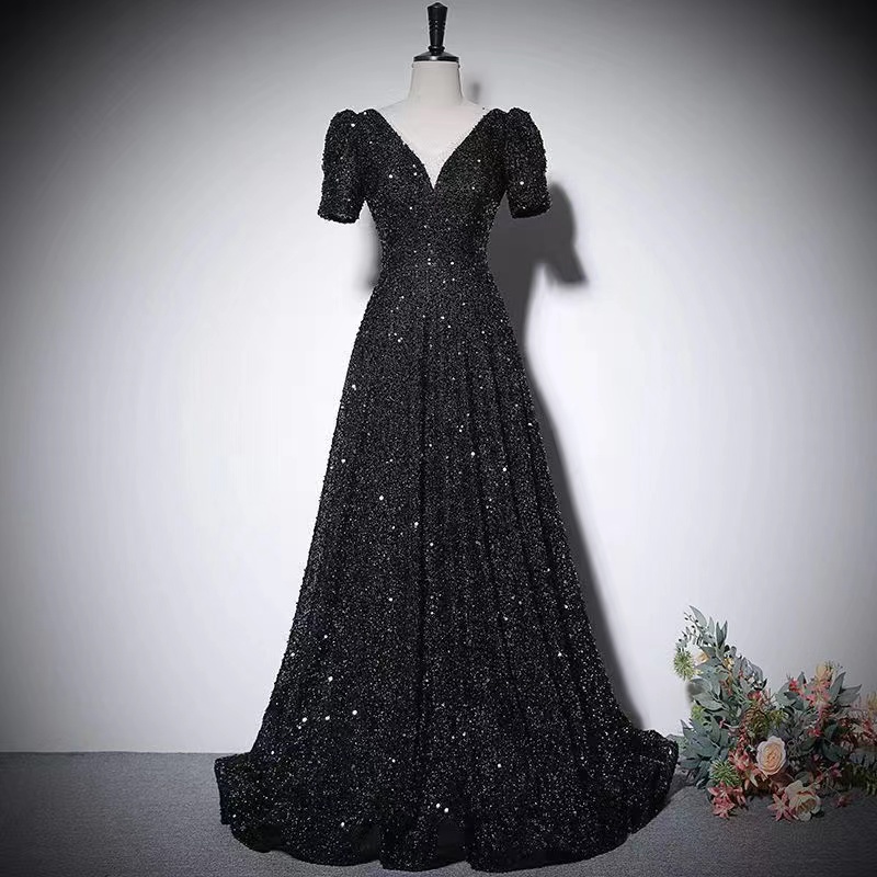 Simple Prom Dress,v-neck Evening Dress, Black Party Dress,sequin Prom Dress,custom Made