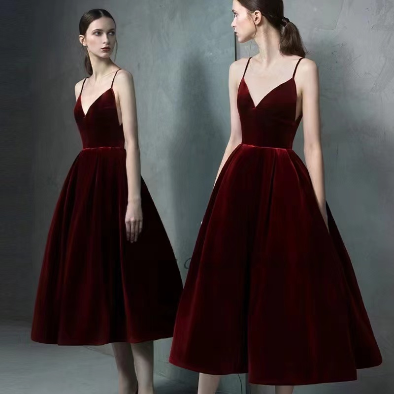 Spaghetti Strap Prom Dress,velvet Evening Dress, Red Party Dress ,,cute Midi Dress,custom Made