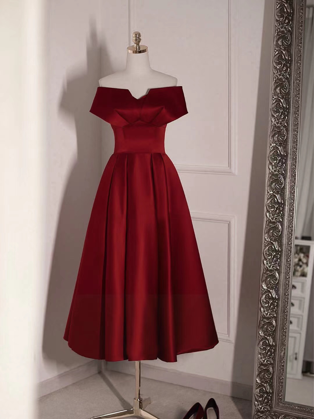 Off shoulder party dress,formal prom dress,red evening dress,elegant midi dress,custom made