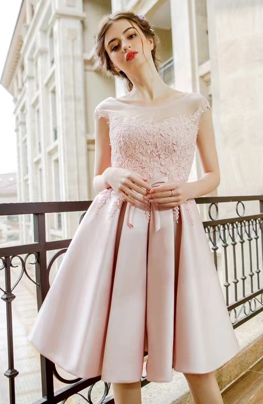 Sleeveless Evening Dress, Pink Homecoming Lace Dress, Short Bridesmaid Dress,custom Made