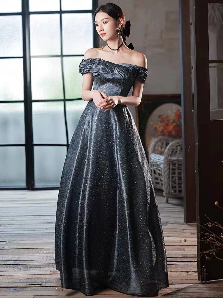  Satin elegant dress, off shoulder prom dress,simple black evening dress, custom made
