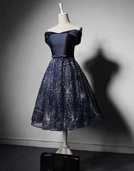 Navy Blue Off Shoulder Homecoming Dress, Fashion Mid-length Pompadour Party Dress,custom Made