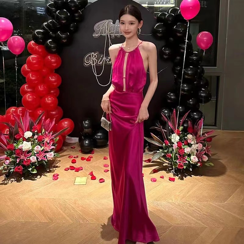 Gentle Evening Dress,rose Red Acetate Satin Prom Dress,hanging Neck Party Dress, Sexy Bodycon Dress,custom Made