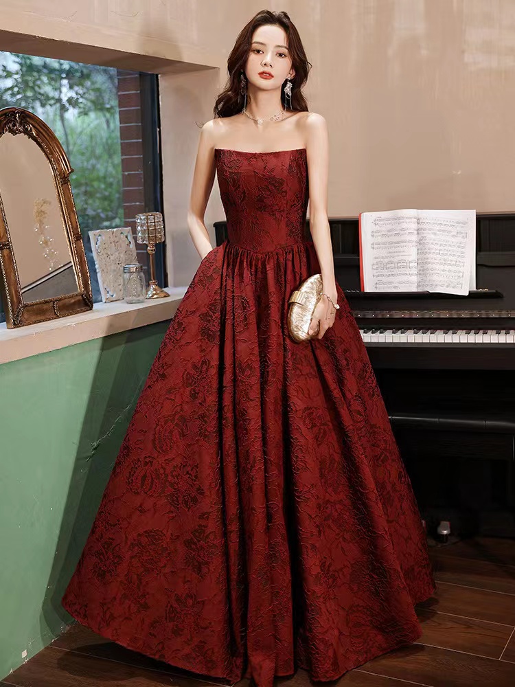 Strapless Prom Dress, Burgundy Temperament Evening Dress, Jacquard Party Dress,custom Made