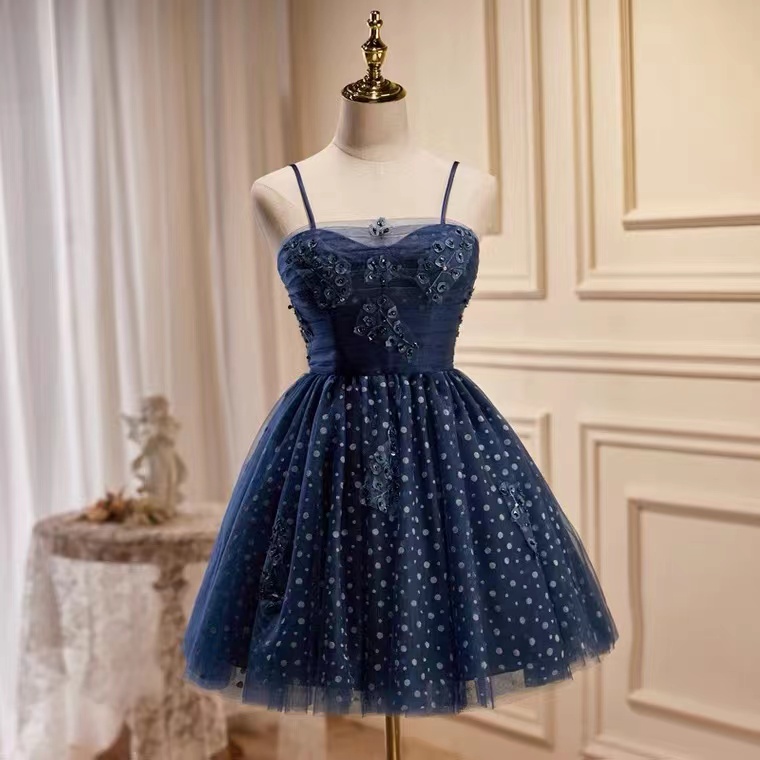 Spaghetti Strap Prom Dress，navy Blue Evening Dress,cute Party Dress,short Homecoming Dress,custom Made