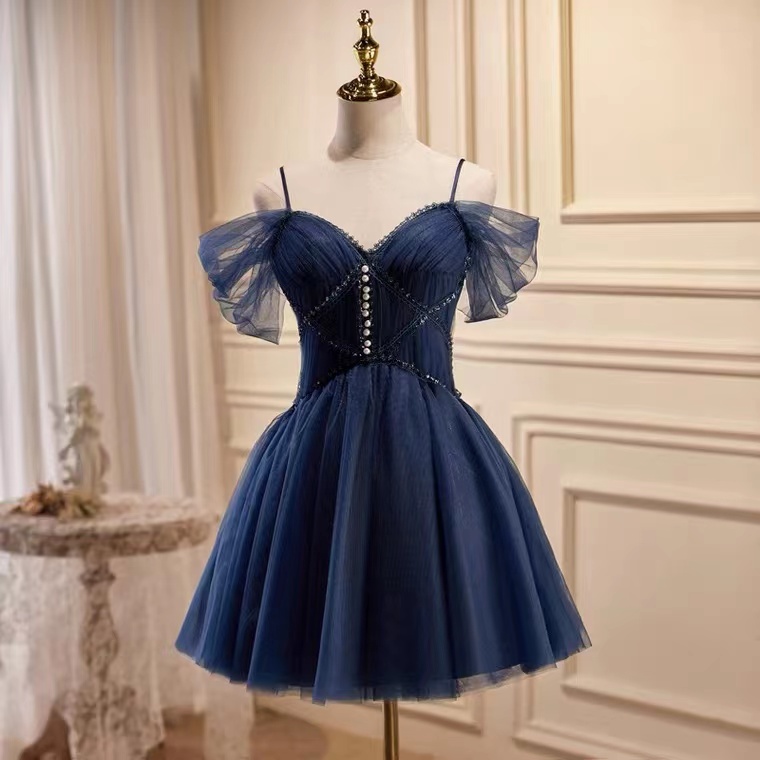 Spaghetti Strap Prom Dress，navy Blue Evening Dress,cute Party Dress,fairy Homecoming Dress,custom Made
