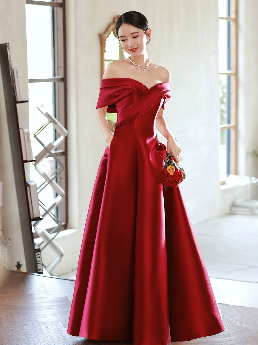 Satin Evening Dress,red Prom Dress,off Shoulder Party Dress,charming Graduation Dress With Pocket,custom Made