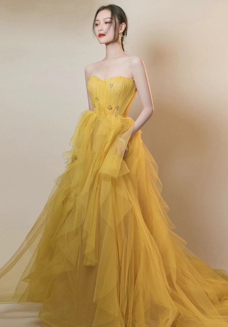 Strapess Prom Dress,yellow Party Dress,chic Wedding Dress,custom Made