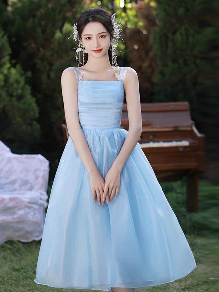 Spaghetti Strap Party Dress,cute Prom Dress, Blue Evening Dress,custom Made
