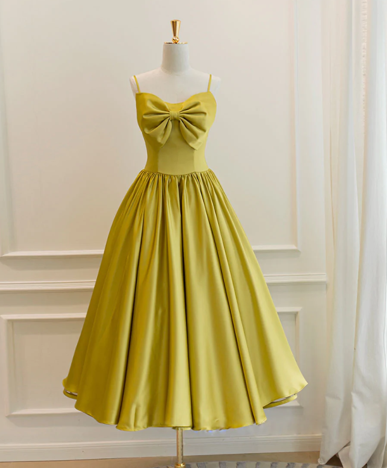 Spaghetti Strap Homecoming Dresses,cute Midi Dress,yellow Satin Tea Length Prom Dress Yellow Homecoming Dress,custom Made