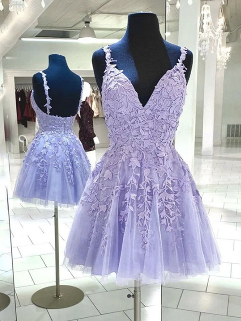 Purple Bridesmaid Dress, Short Prom Dresses, Lace Applique Prom Dress, Lilac Prom Dress, A Line Prom Dress, Knee Length Prom Dress, Spaghetti