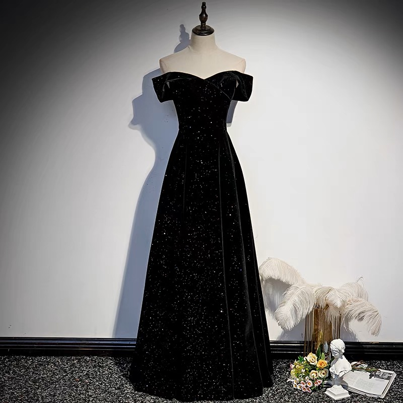 Velvet Evening Dress Temperament High grade Prom Dress Slim Black Off shoulder Formal Dress custo on Luulla