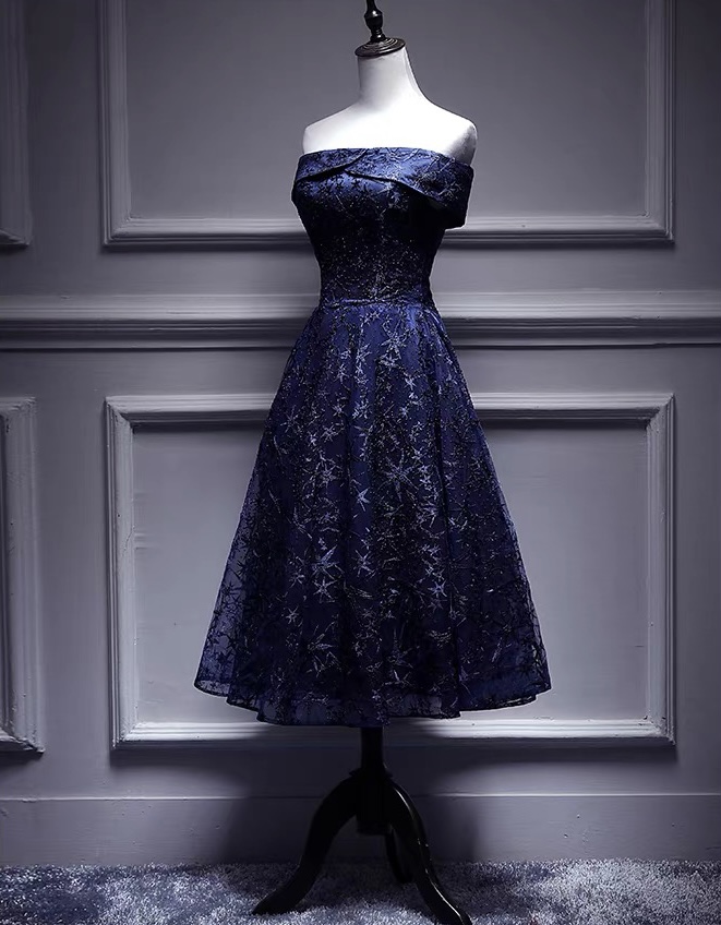 Navy Blue Evening Dress , Off Shoulder Midi Dress,lace Dress,wedding Guest Formal Dress,custom Made