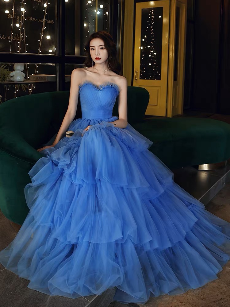 Strapless Prom Dress,blue Evening Dress,elegant Party Dress,cute Cake Birthday Dress,custom Made