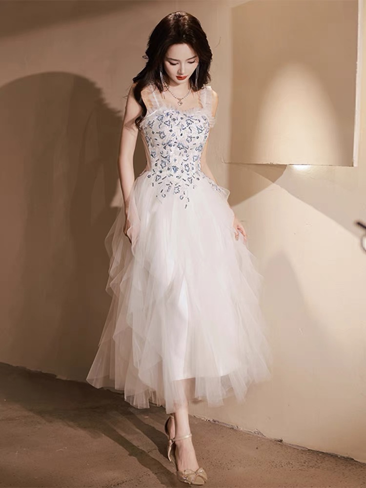 Spaghetti Strap Prom Dress,cute Midi Dress,white Dress,custom Made