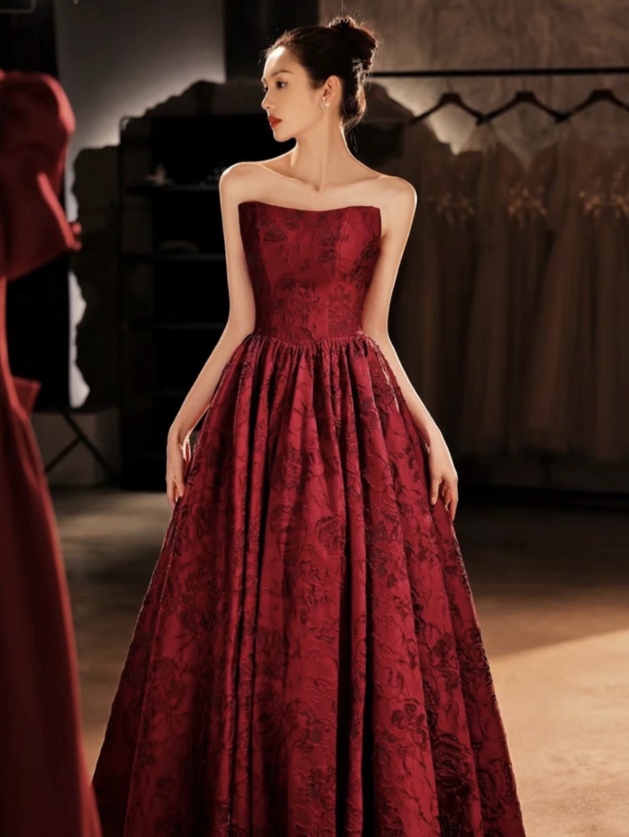 Strapless Prom Dress,red Evening Dress,elegant Party Dress, Jacquard Noble Dress,custom Made