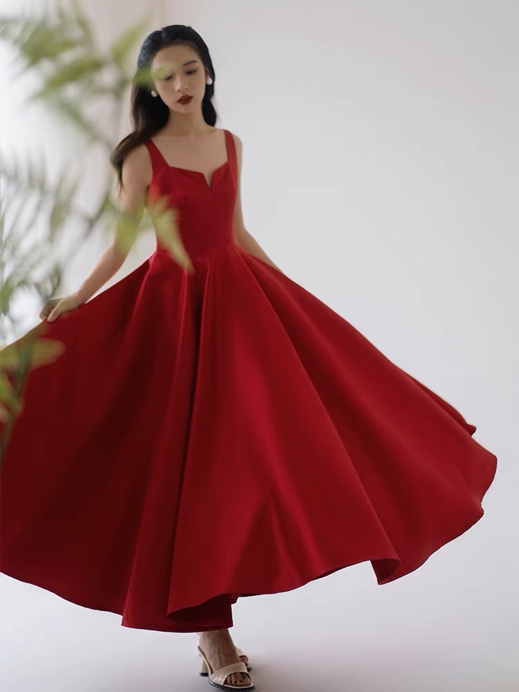 Spaghetti Strap Evening Dress,red Party Dress,satin Party Dress,sweet Birthday Dress,custom Made