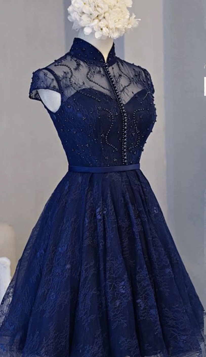 short navy blue graduation dresses Cap Sleeves Short Navy Blue Homecoming Dress with Lace Up Back P0795 –  shinydress