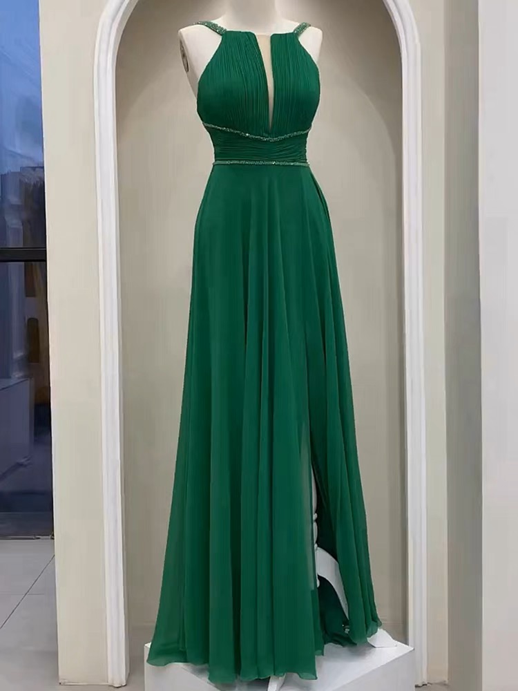 Halter Neck Evening Dress,green Party Dress,chiffon Party Dress,elegant Bridesmaid Dress,custom Made