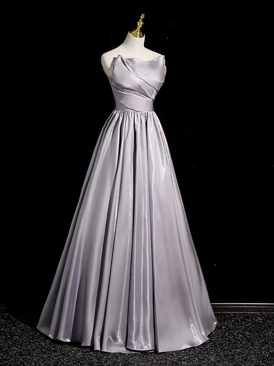 Strapless Evening Gown, Gray Satin Dress, Formal Prom Dress,custom Made