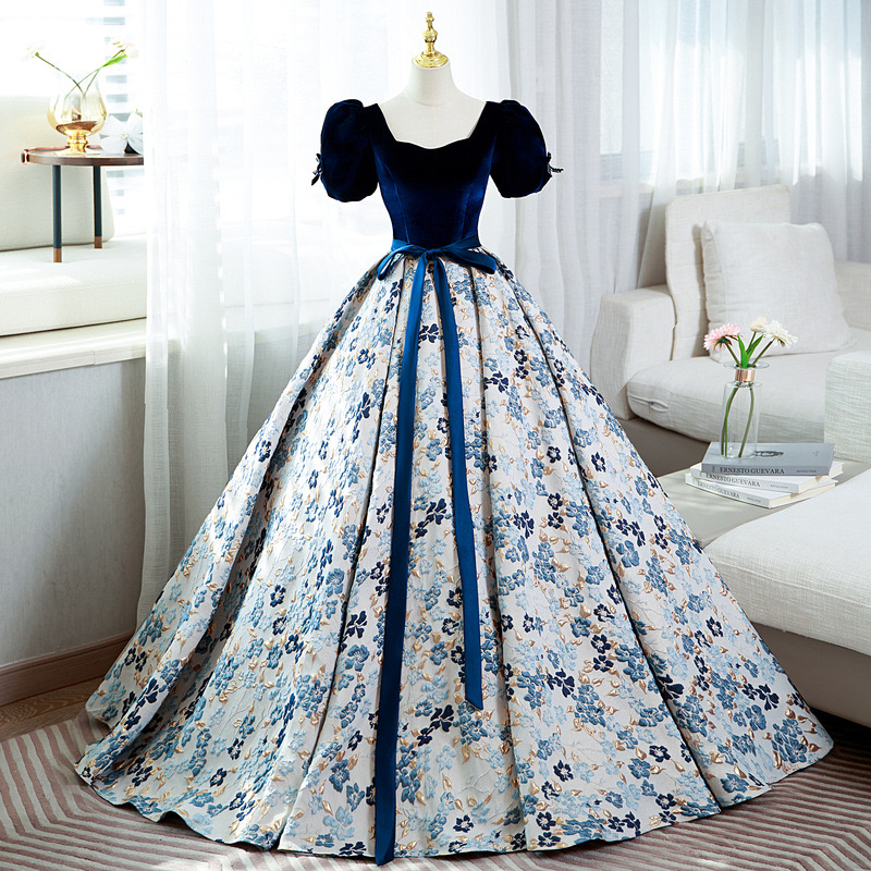 Temperament Evening Dress, Luxury Ball Gown Dress,off Shoulder Prom Dress, Jacquard Blue Dress,custom Made
