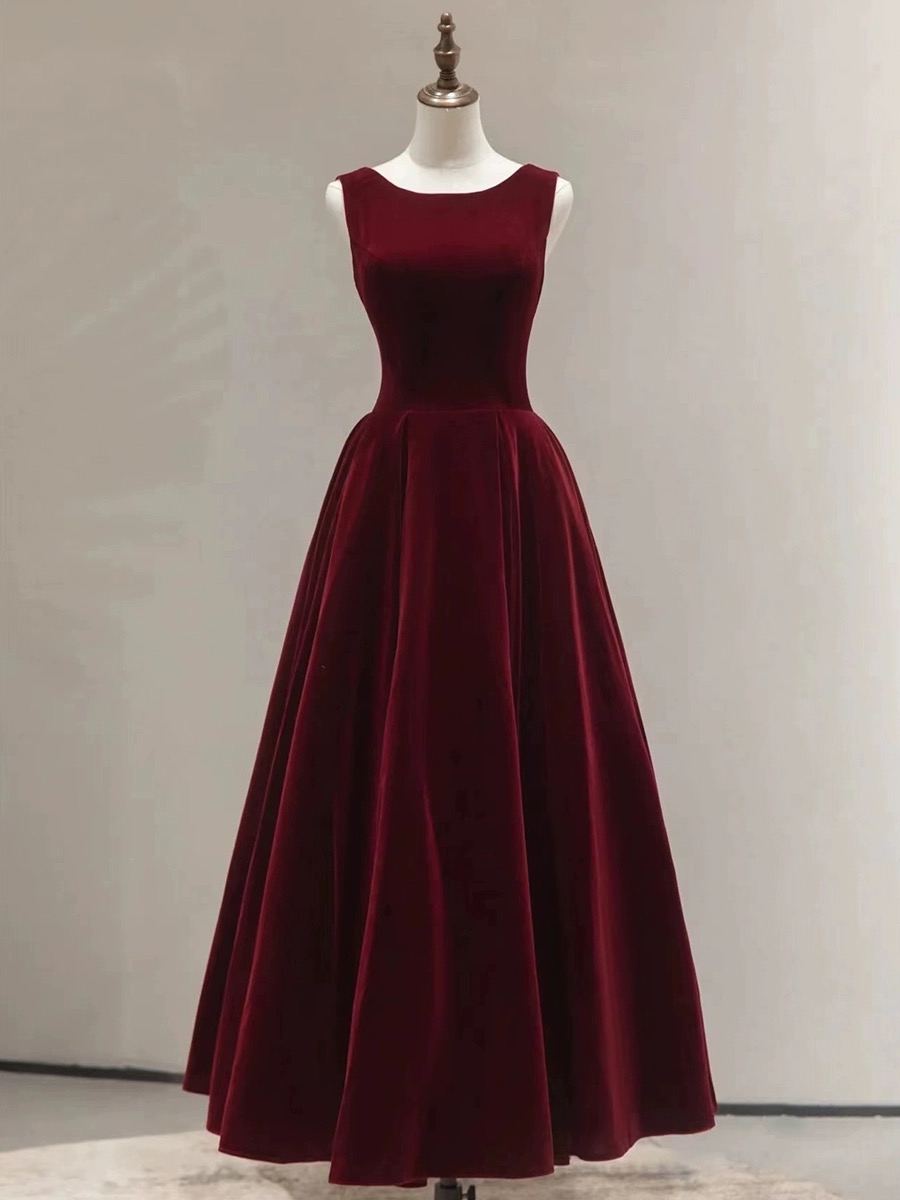 High Quality Velvet Evening Gown, Sleeveless Evening Gown, Burgundy Party Dress