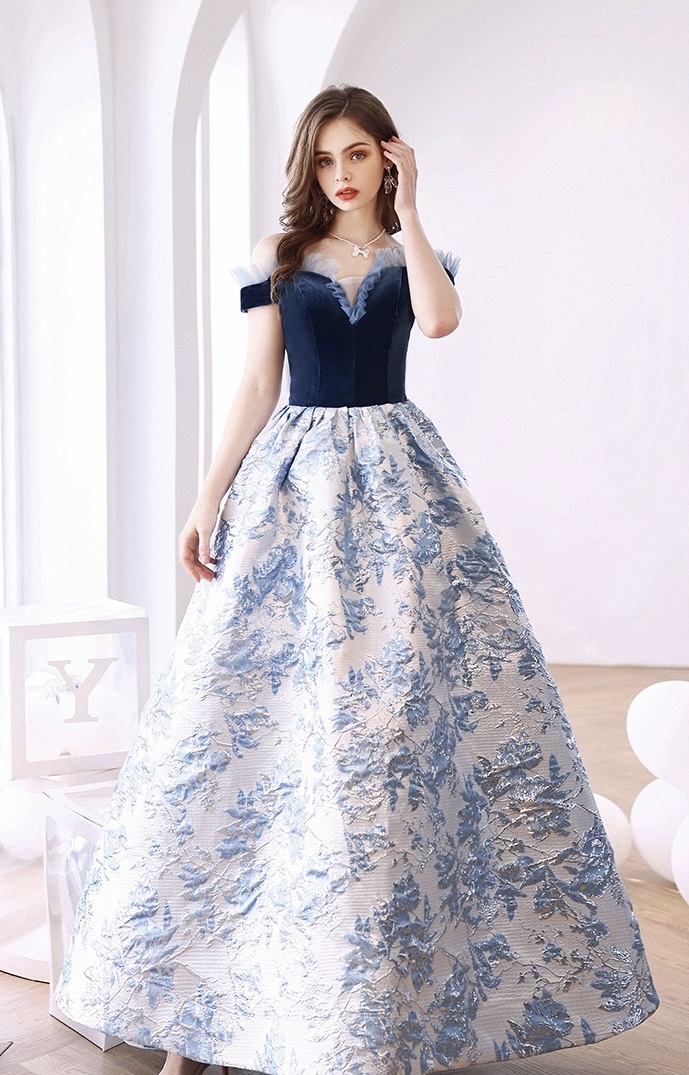 Enchanted Evening Floral Embroidered Navy Ball Gown With Silver Accents