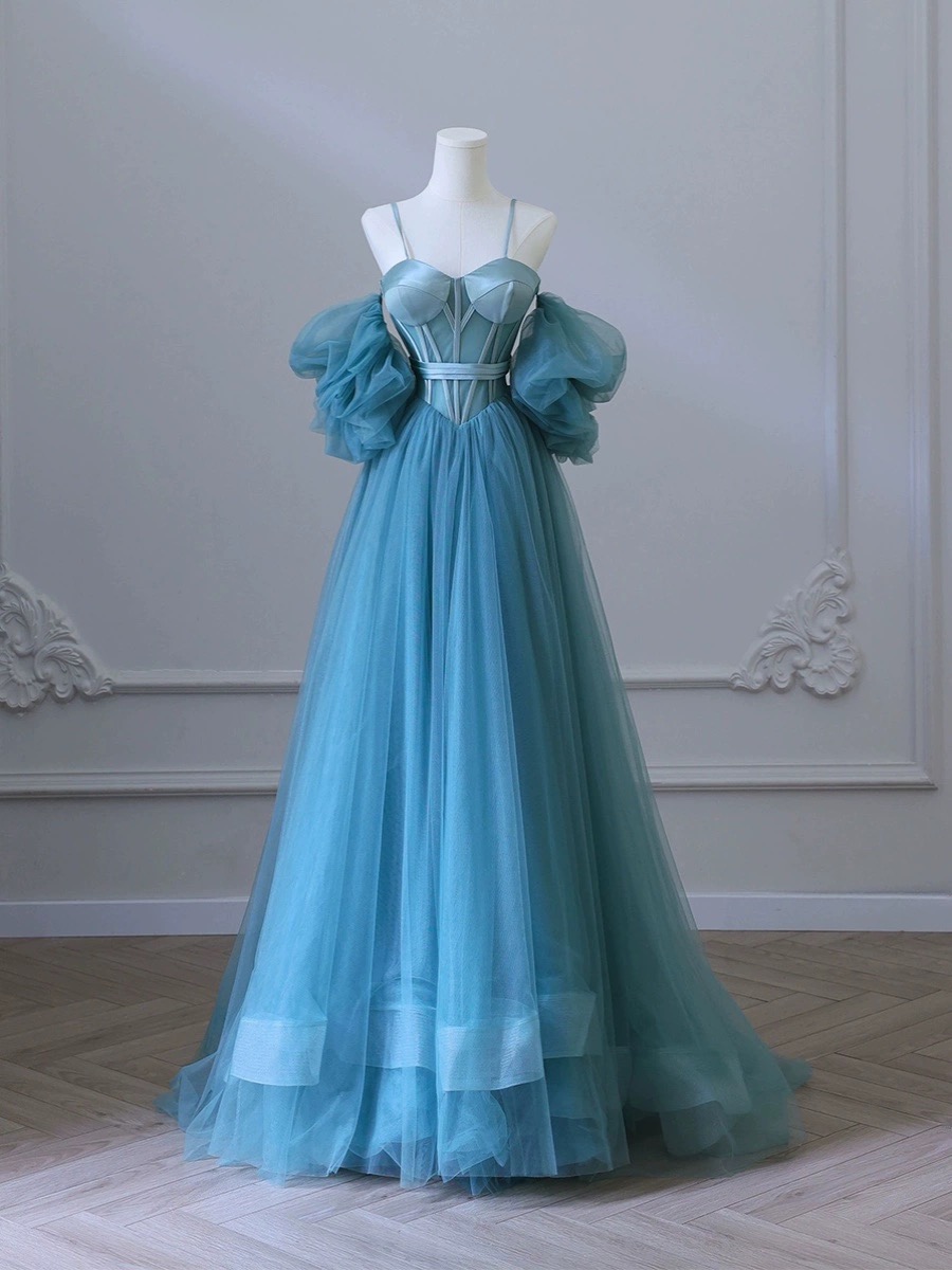 Sheer Corset Bodice Tulle Ball Gown With Puff Sleeves