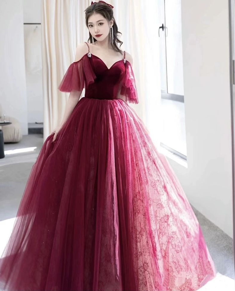 Burgundy V-neck Velvet And Tulle Long Prom Dress, A-line Spaghetti Strap Formal Evening Dress