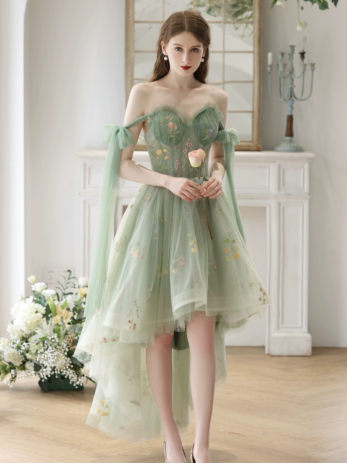 Beautiful Floral Tulle High Low Party Dress, Green Lace Homecoming Dress,spaghetti Strap High Low Dress
