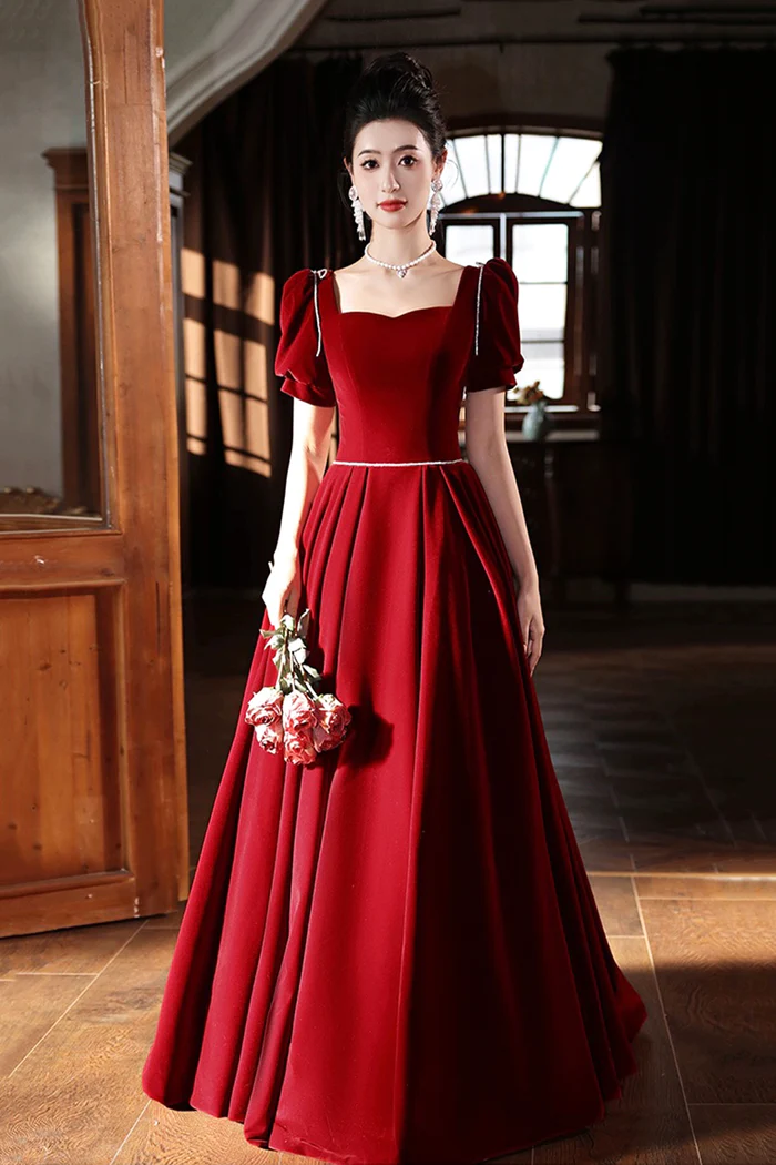 A line Burgundy Prom Dresses Midi Party Dress