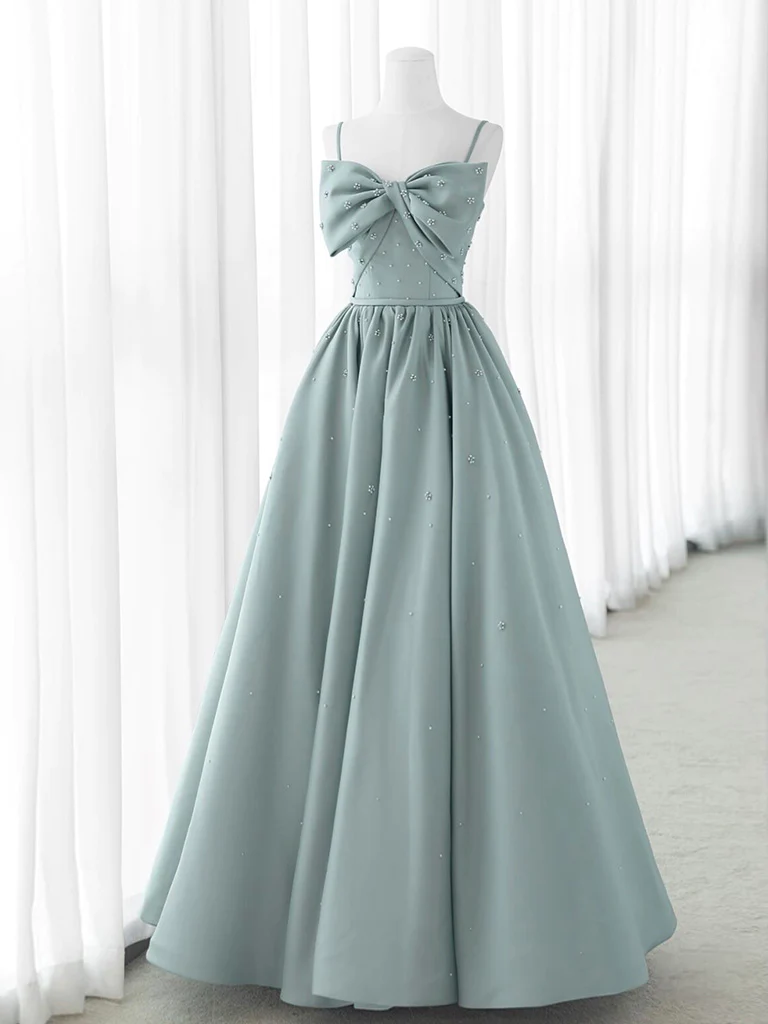 A-line Sweetheart Neck Satin Beads Blue Long Prom Dress, Blue Formal Dress