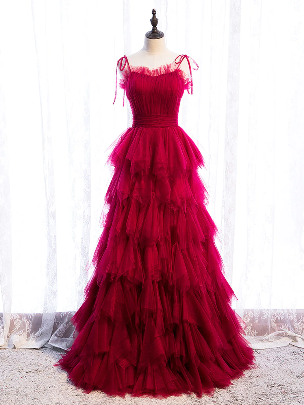 Majestic Ruby Red Tulle Gown With Tie-shoulder Detail