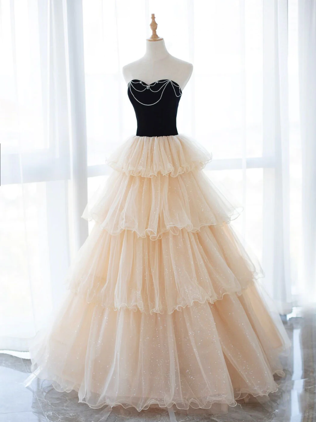 Champagne And Black Etoile Tulle Ball Gown
