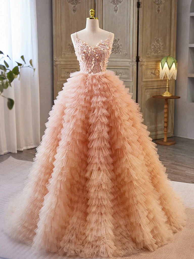 Enchanting Peach Tulle Ball Gown With Beaded Bodice