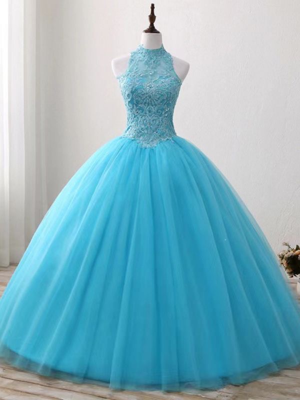 Gorgeous Blue Tulle Ball Gown Lace Top Sweet 16 Dress, Blue Quinceanera Dress