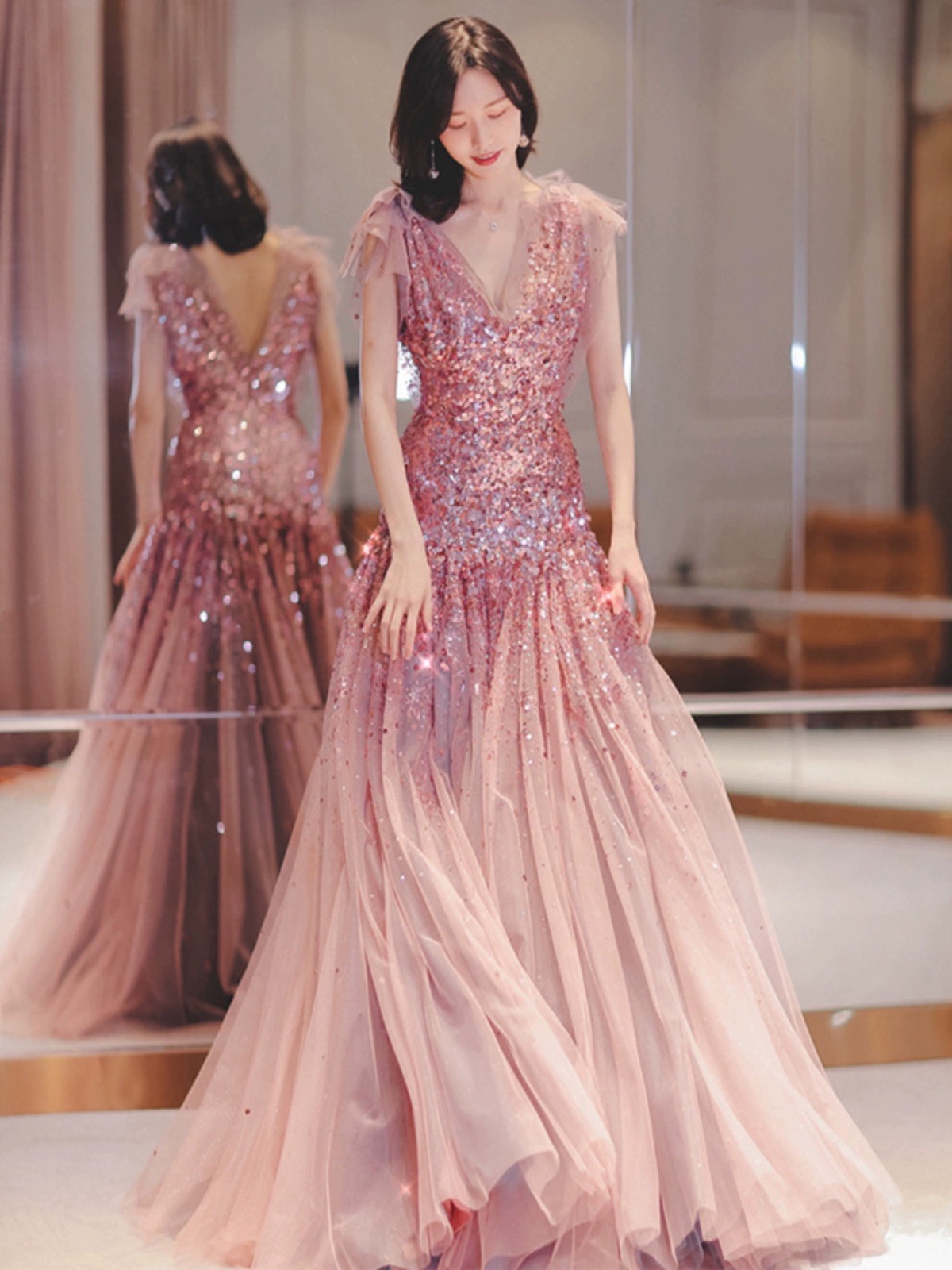 Pink Mermaid Tulle Long Evening Dress With Lace, V-neckline Floor Length Prom Dress