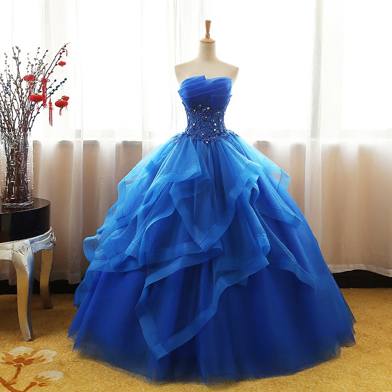 Blue Prom Dresses Ruffles Tiered Crystal Beaded Top Formal Party Dress
