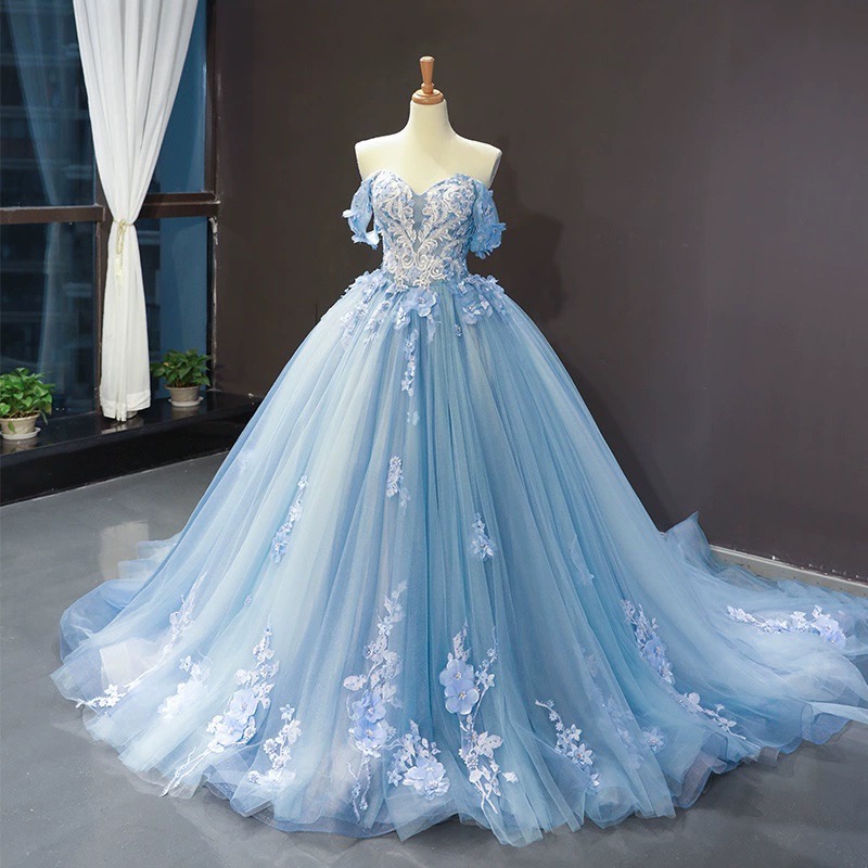 Blue Sweetheart Off Shoulder With Lace Applique Party Dress, Blue Sweet 16 Dress