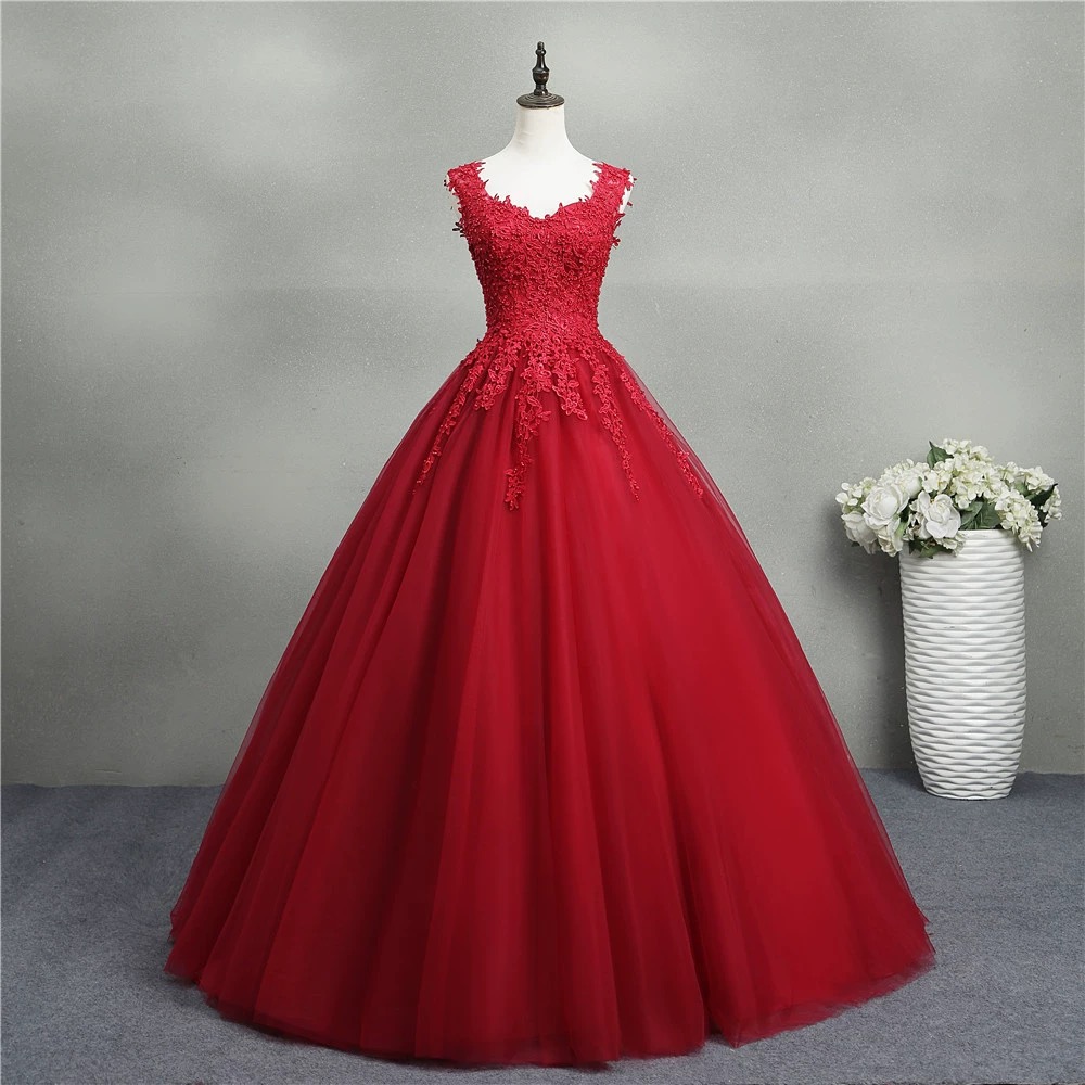 Gorgeous Red Ball Gown Sweet 16 Gown, Red Tulle With Lace Applique Party Dresses
