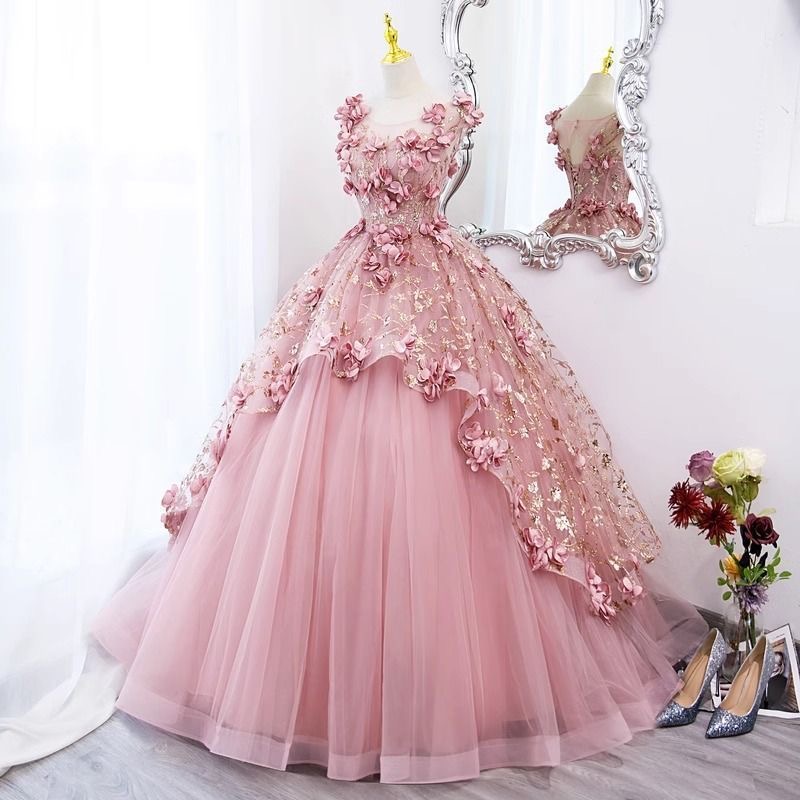 Pink Quinceanera Dress, Sweet 16 Dress, Floral Ball Gown Formal Dress