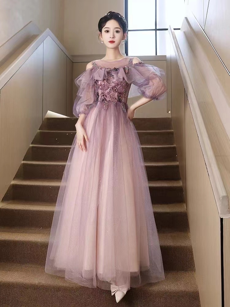 Purple Evening Dress, Long-sleeved Prom Dress, Fairy Party Dress
