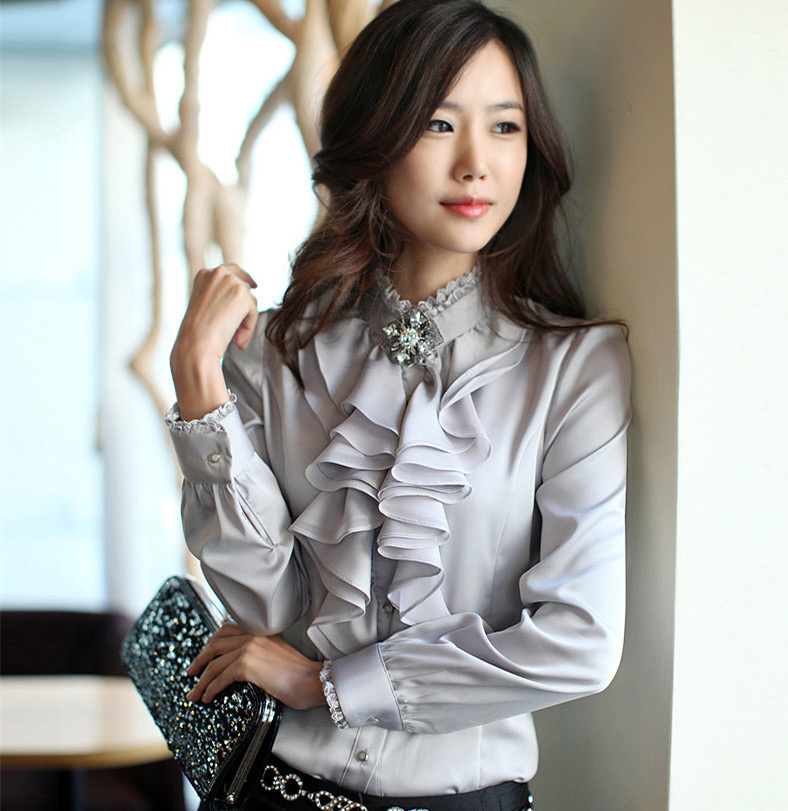 Stand Collar Shirt Woman, Slim Temperament Ruffled Professional Bloude, Party Formal Top