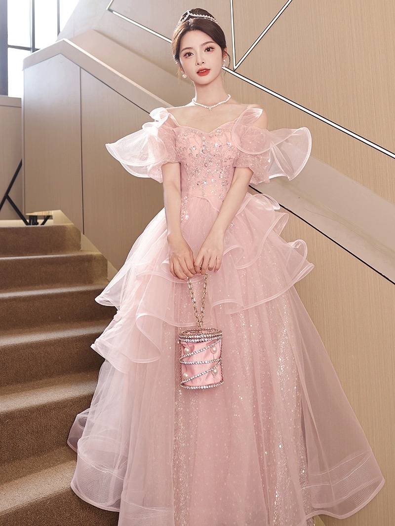 Temperament Socialite Prom Dress, Pink Party Dress, Off-shoulder Princess Dress