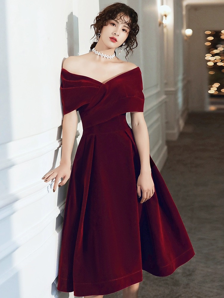 Burgundy Off Shoulder Chic Sweetheart Tea Length Party Dress,velvet Evening Dress