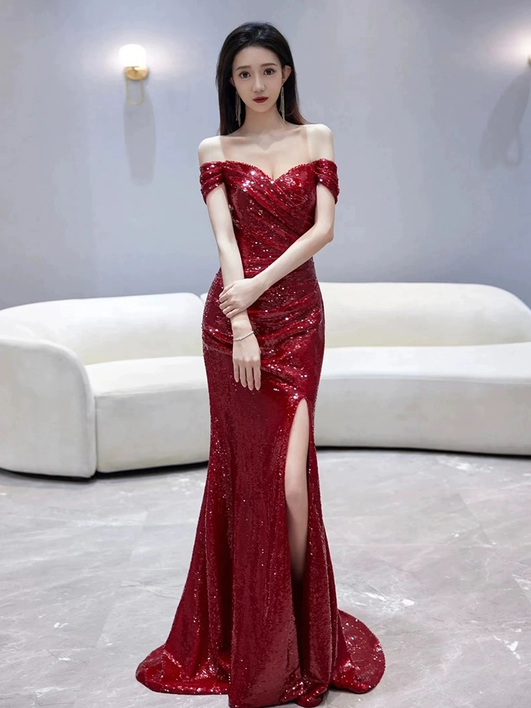 Puff Sleeve V-Neck Fishtail Bodycon Chain Split Shiny Evening Dress