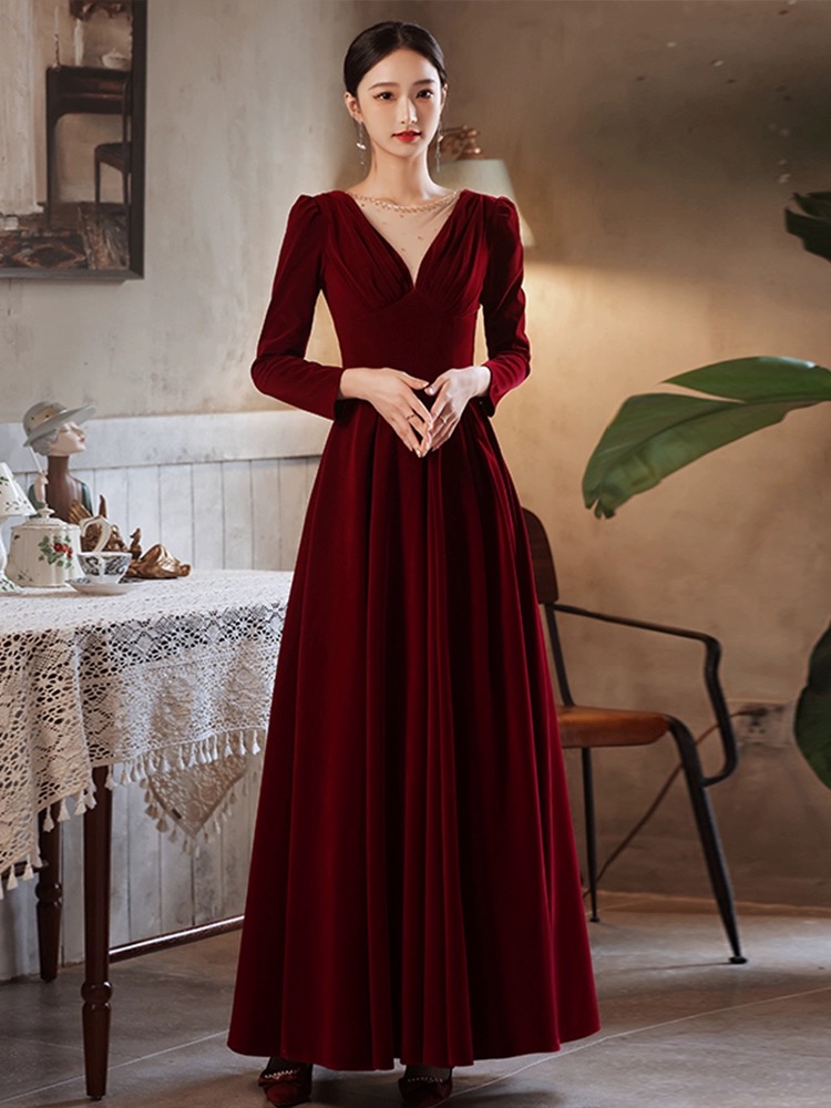 Burgundy Evening Dress Velvet Wedding Guest Dress, Long Sleeve Formal Dress