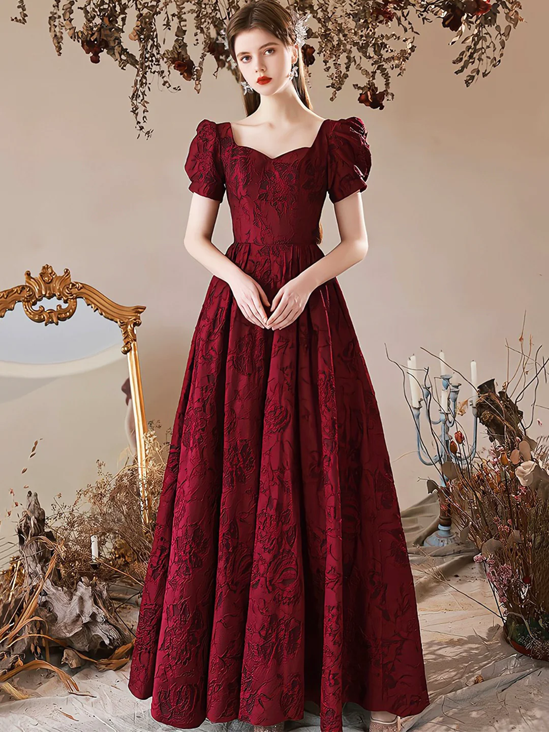 Burgundy Satin Floor Length Prom Dress, A-line Short Sleeve Evening Party Dress